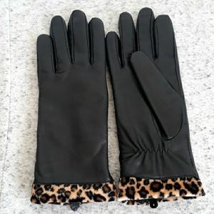 Leather gloves black with soft faux fur lining and leopard trim by Charter Club